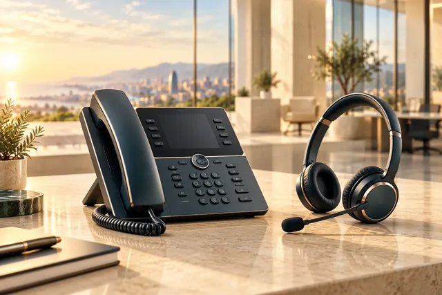 Telèfon d’oficina i auriculars amb micròfon per a comunicacions empresarials.