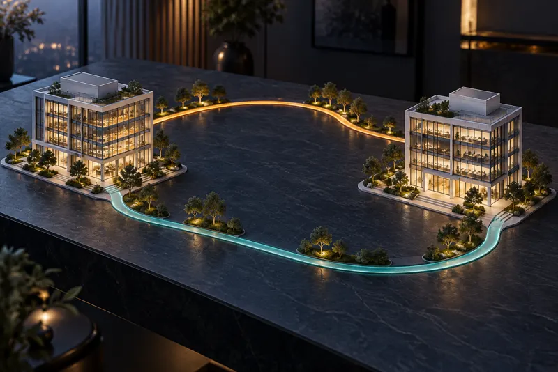 Conceptual model with two distinct routes between buildings.