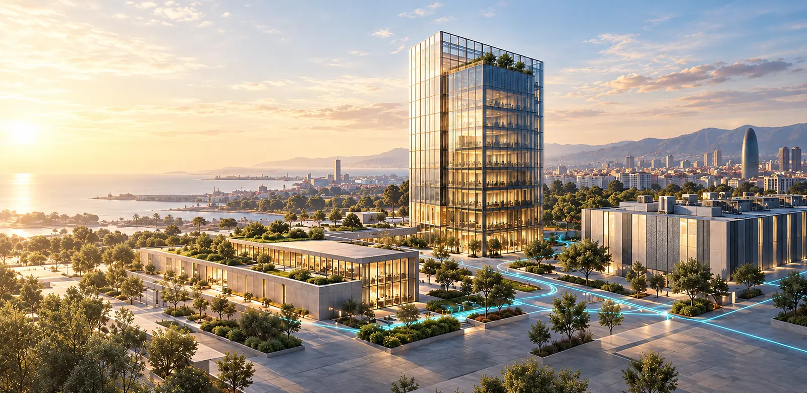 Conceptual business campus with offices, a data centre and network connections.